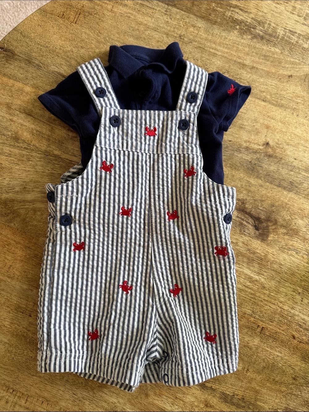 Little Me Navy & White Striped Seersucker Shortalls with Red Crab Embroidery